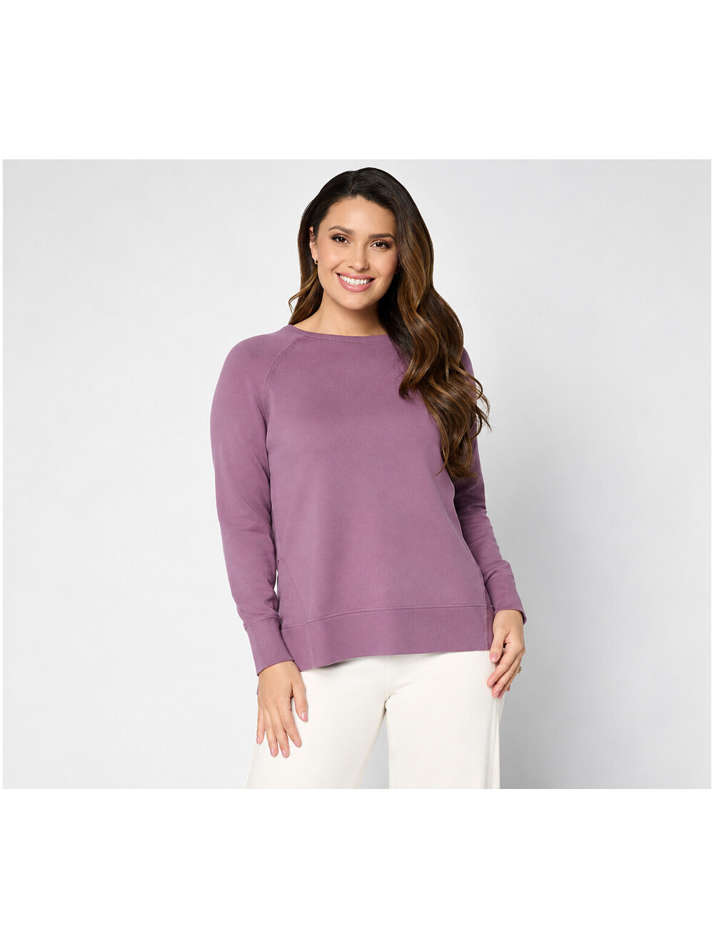 LOGO by Lori Goldstein Cotton Raglan Sleeve Sweater Frosted Plum, Large